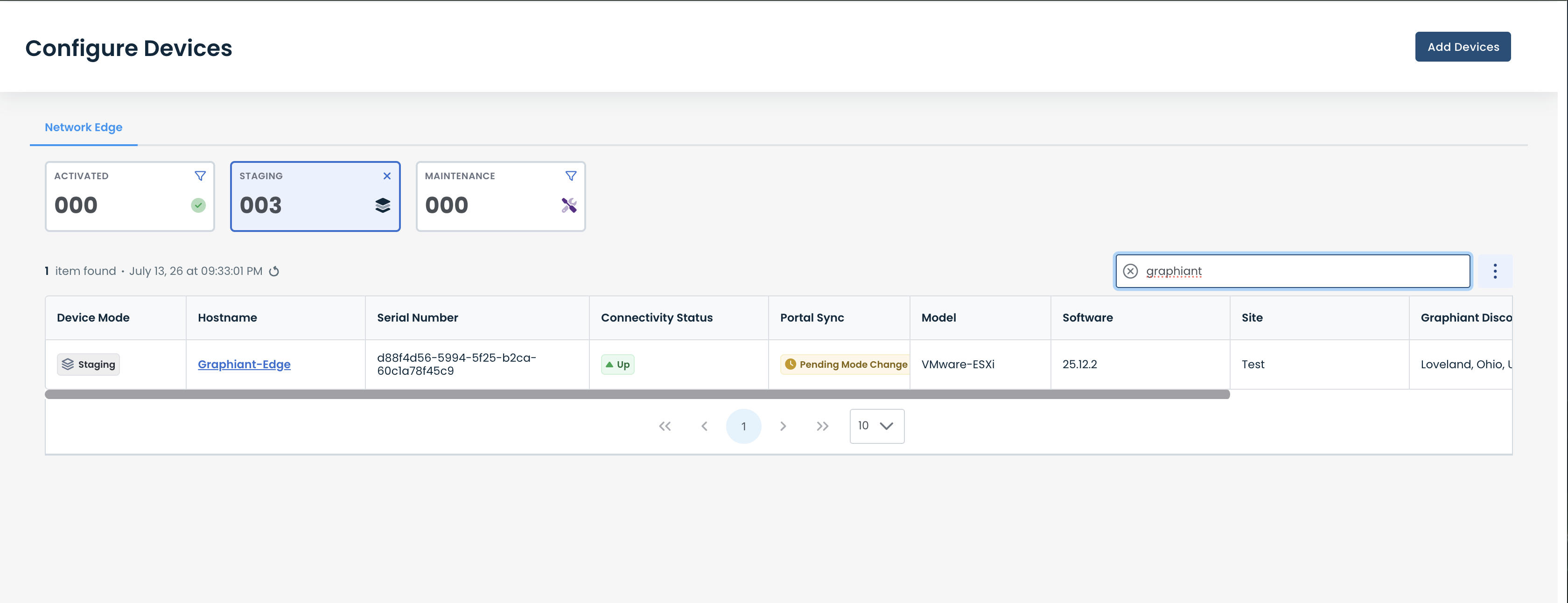 Device configuration interface showing staging mode and connectivity status for Graphiant-Edge.